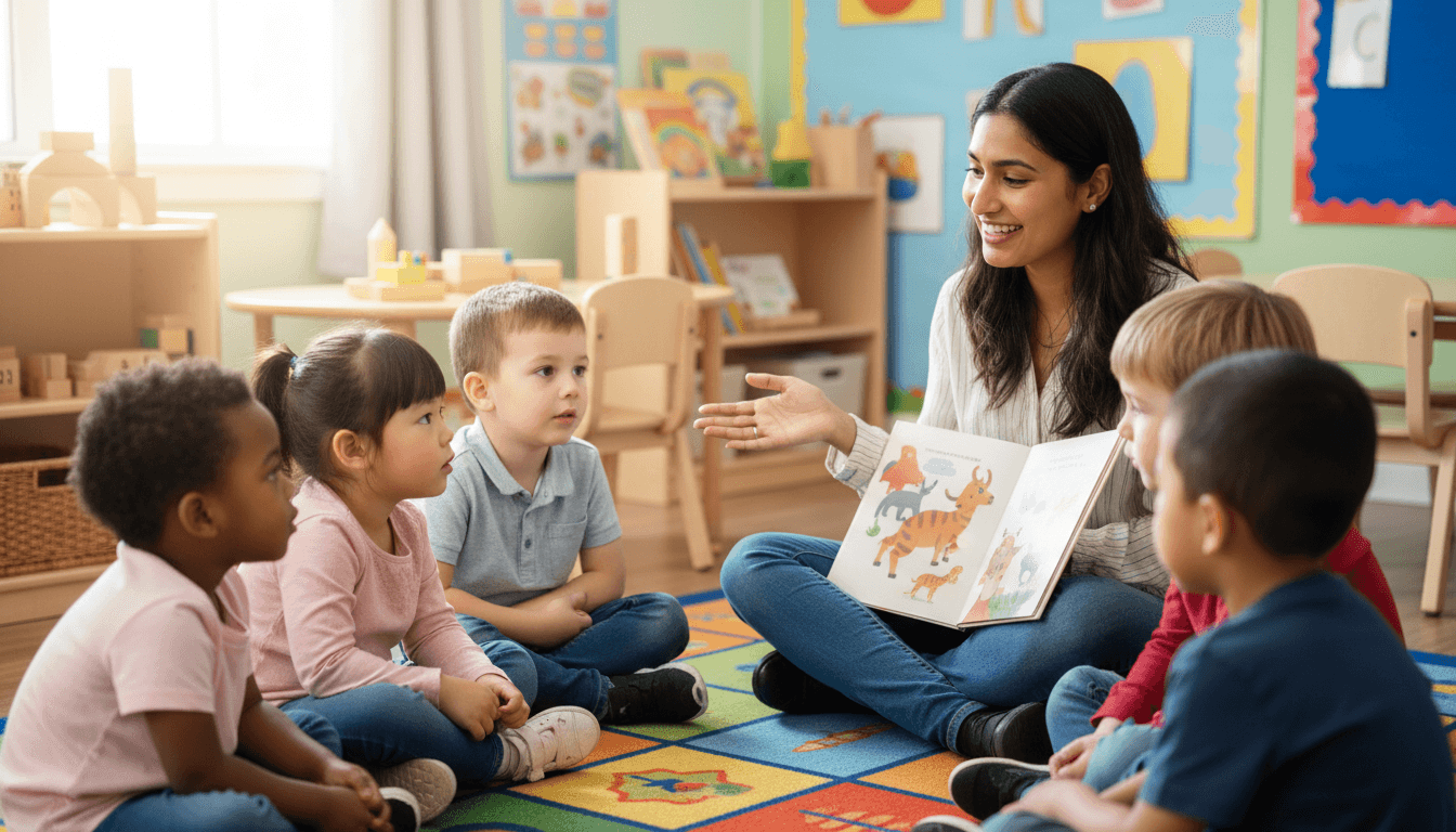 Teacher reading to diverse group of young children sitting on colorful rug during engaged story time activity